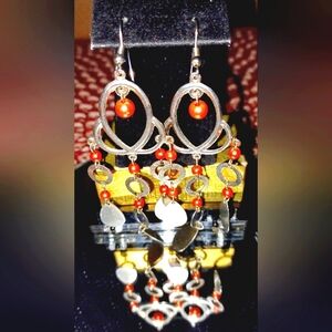 Boho Silver and Coral Dangle Earrings